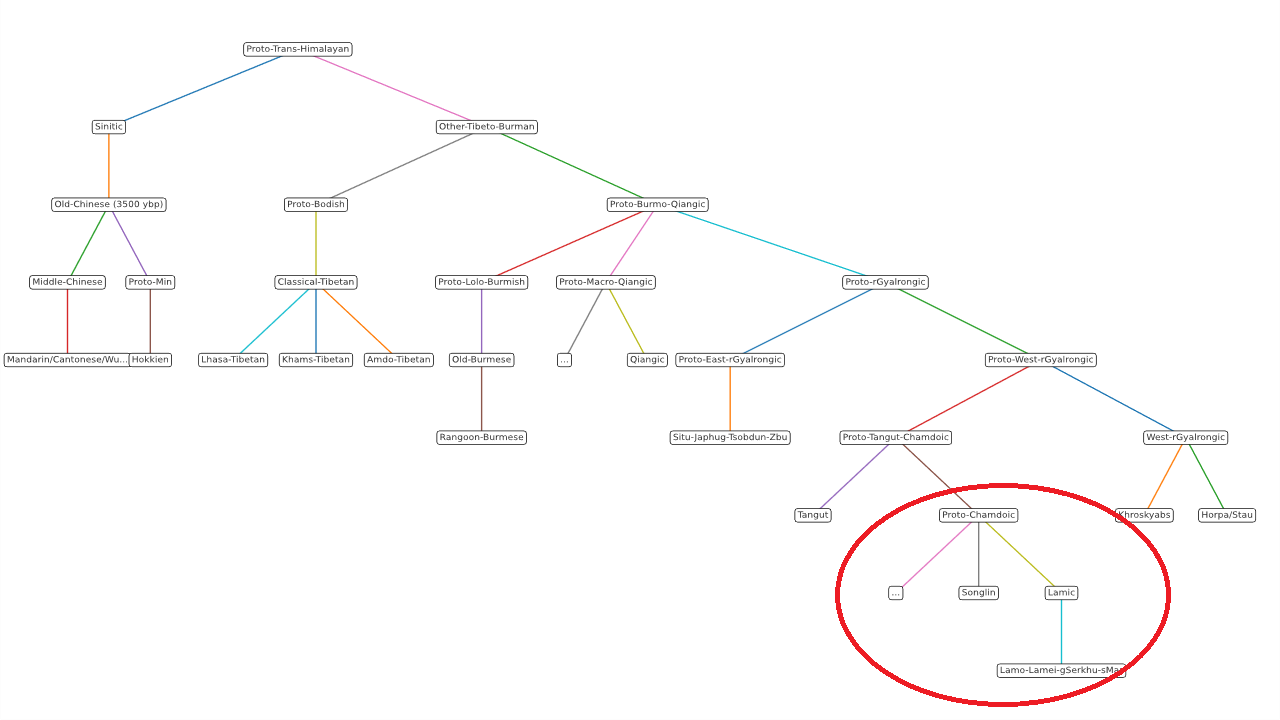 Proposed phylogenetic tree showing Songlin and related Chamdoic languages within the Trans-Himalayan language family