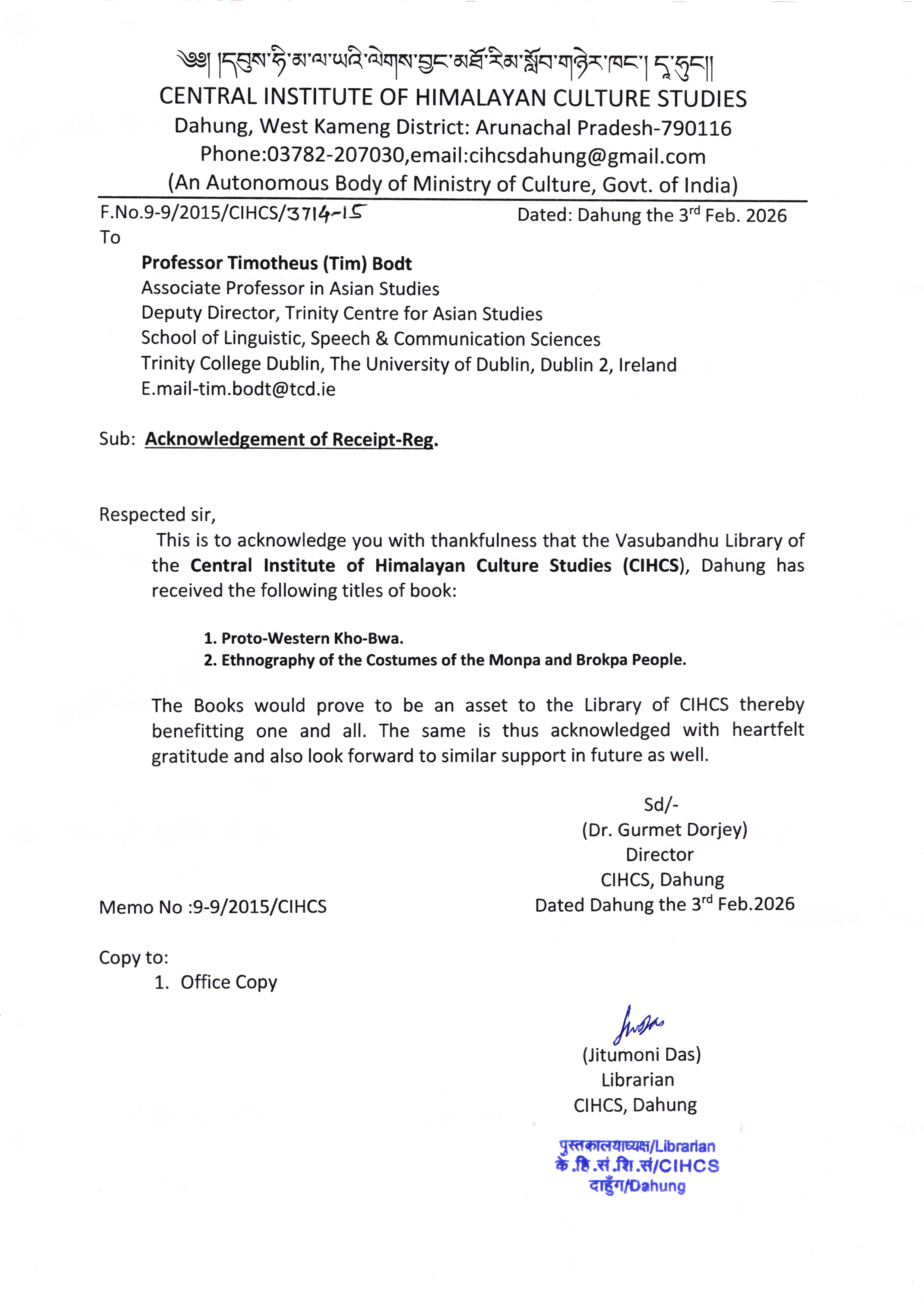 Letter and materials presented during the visit to CIHCS.
